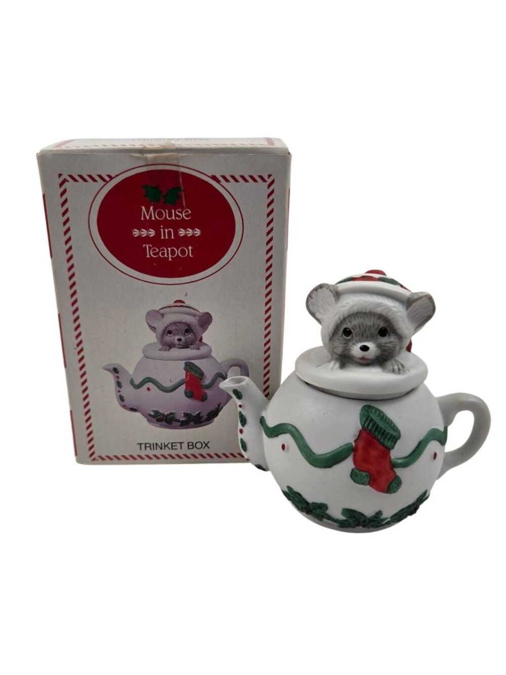 Mouse In Teapot Trinket Box Bisque Porcelain Christmas Vintage Holiday Decor